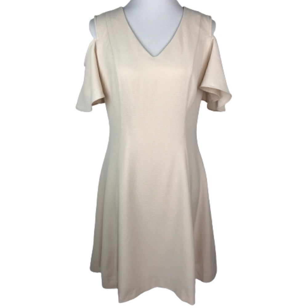 4/$16 Neiman Marcus Cream Textured Cold Shoulder A-line Dress 4
